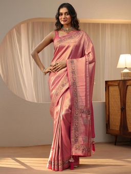 Libas Art - Pink Floral Woven Design Saree with Stonework Embellished Border