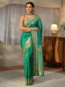 Libas Art - Green Floral Woven Design Saree with Stonework Embellished Border