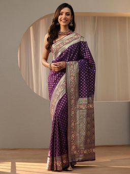 Libas Art - Purple Floral Woven Design Saree with Stonework Embellished Border
