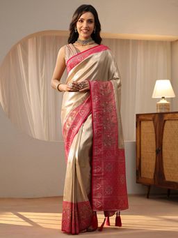 Libas - Gold Chevron Saree with Floral Woven Design Border