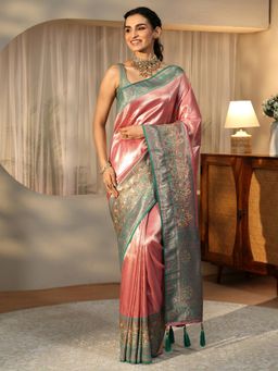 Libas - Pink Chevron Saree with Floral Woven Design Border