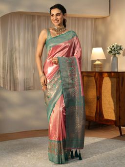 Libas - Pink Paisley Saree with Floral Woven Design Border