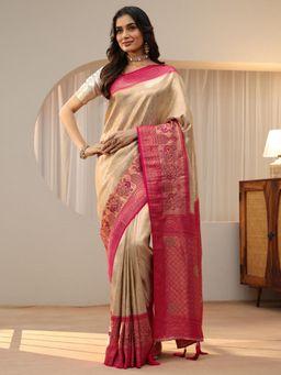 Libas - Gold Paisley Saree with Floral Woven Design Border