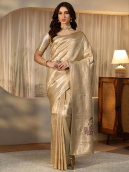 Libas - Gold Floral Woven Design Saree with Stone Work Embellished Border