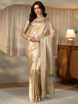 Libas - Gold Ethnic Motif Woven Design Saree with Stone Work Embellished Border