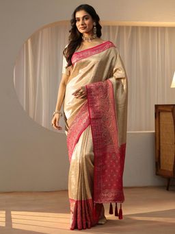 Libas - Gold Floral Woven Design Saree with Stone Work Embellished Border