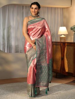 Libas - Pink Floral Woven Design Saree with Stone Work Embellished Border