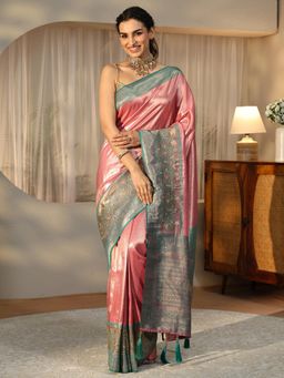 Libas - Pink Saree with Floral Woven Design Border