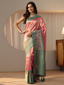 Libas - Peach Chevron Saree with Woven Design Border