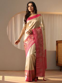 Libas - Gold Paisley Saree with Woven Design Border