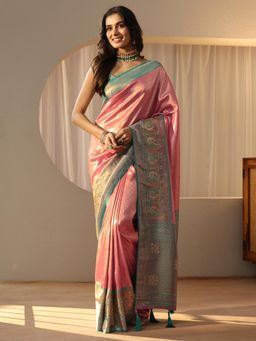 Libas - Peach Ethnic Motif Saree with Woven Design Border