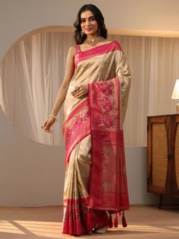Libas - Gold Paisley Saree with Woven Design Border