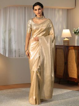 Libas - Gold Ethnic Motif Woven Design Saree with Stone Work Embellished Border