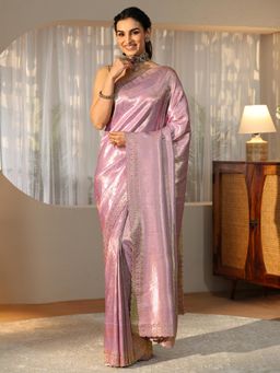 Libas - Pink Ethnic Motif Woven Design Saree with Stone Work Embellished Border