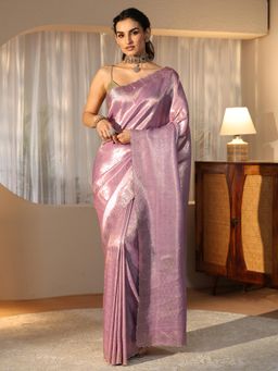 Libas - Pink Ethnic Motif Woven Design Saree with Stone Work Embellished Border