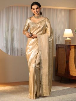 Libas - Gold Ethnic Motif Woven Design Saree with Stone Work Embellished Border