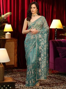 Libas - Green Floral Zari Embroidered Saree with Embellished Border