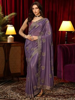 Libas - Purple Ethnic Motif Zari Embroidered Saree with Embellished Border