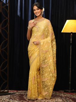Libas - Yellow Floral Embroidered Saree with Stone Work Embellished Border