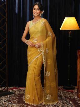 Libas - Mustard Floral Sequins Embellished Saree with Embellished Border