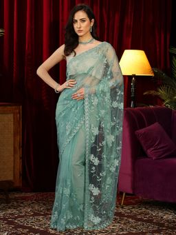 Libas - Green Floral Embroidered Saree with Stone Work Embellished Border