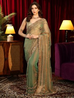 Libas - Green Floral Motif Stone Work Embellished Saree with Embellished Border
