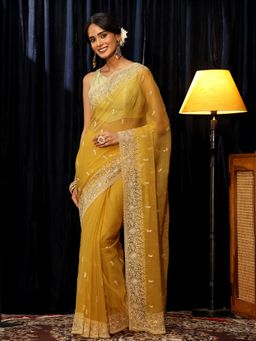 Libas - Mustard Floral Thread Work Embroidered Saree with Stone Work Embroidered Border
