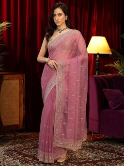 Libas - Pink Floral Thread Work Embroidered Saree with Stone Work Embroidered Border