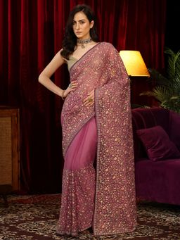 Libas - Pink Floral Thread Work Embroidered Saree with Stone Work Embellished Border