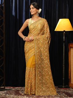 Libas - Mustard Floral Thread Work Embroidered Saree with Stone Work Embellished Border