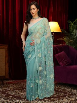 Libas - Blue Floral Thread Work Embroidered Saree with Stone Work Embellished Border