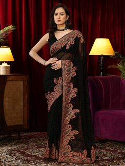 Libas - Black Stone Work Embellished Saree with Paisley Embroidered Border
