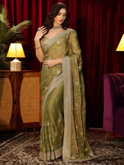 Libas - Green Floral Motif Zari Embroidered Saree with Stone Work Embroidered Border