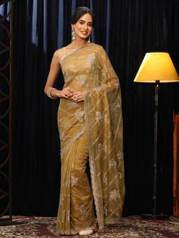 Libas - Mustard Floral Zari Saree with Embroidered Border