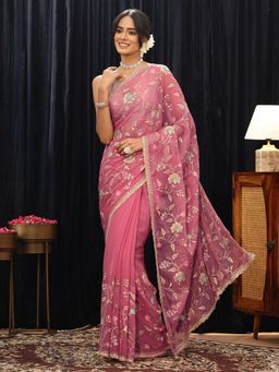 Libas - Pink Floral Zari Saree with Embroidered Border