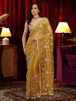 Libas - Mustard Floral Zari Saree with Embroidered Border