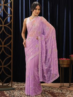 Libas - Lavender Floral Stone Work Saree with Embroidered Border
