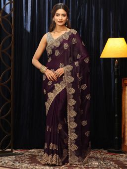 Libas - Purple Floral Zari Embroidered Saree with Stone Work Embroidered Border