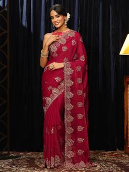Libas - Red Floral Zari Embroidered Saree with Stone Work Embroidered Border