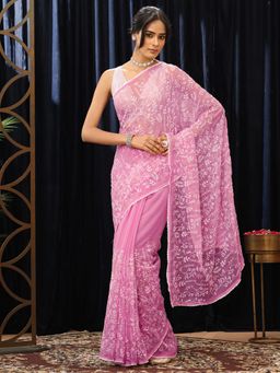 Libas - Pink Floral Thread Work Embroidered Saree with Taping Border