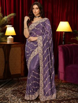 Libas - Purple Floral Saree with Embroidered Border
