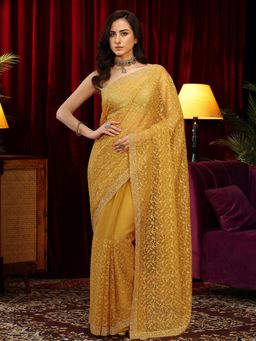 Libas Art - Mustard Floral Embroidered Saree with Stonework Embroidered Border