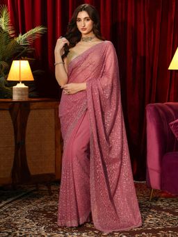 Libas Art - Pink Floral Embroidered Saree with Stonework Embroidered Border