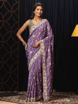 Libas - Purple Floral Embroidered Saree with Beads Embroidered Border