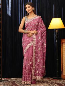 Libas - Pink Floral Embroidered Saree with Beads Embroidered Border