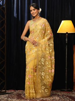 Libas - Yellow Floral Embroidered Saree with Stone Work Embellished Border