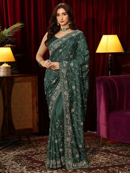 Libas Art - Green Floral Embroidered Saree with Stone Work Embroidered Border