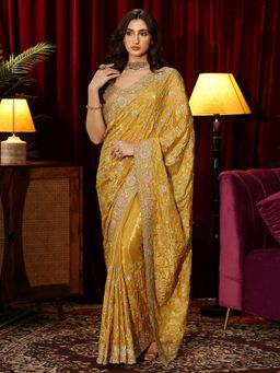 Libas Art - Mustard Floral Embroidered Saree with Stone Work Embroidered Border