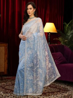 Libas - Blue Floral Zari Embroidered Saree with Stone Work Embroidered Border