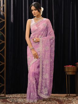 Libas - Lavender Floral Zari Embroidered Saree with Stone Work Embroidered Border